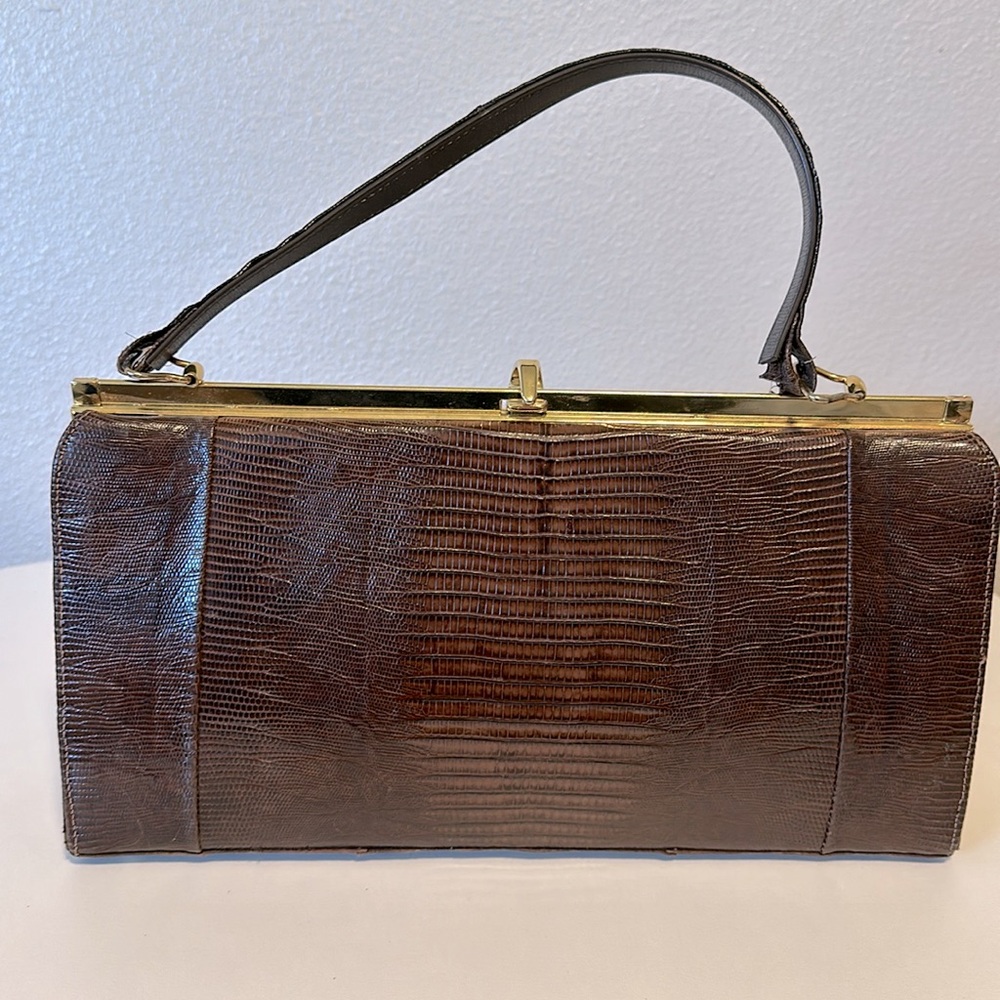 Vintage brown snakeskin handbag w/gold metal hardware Mid-century snap close. - Picture 3 of 6